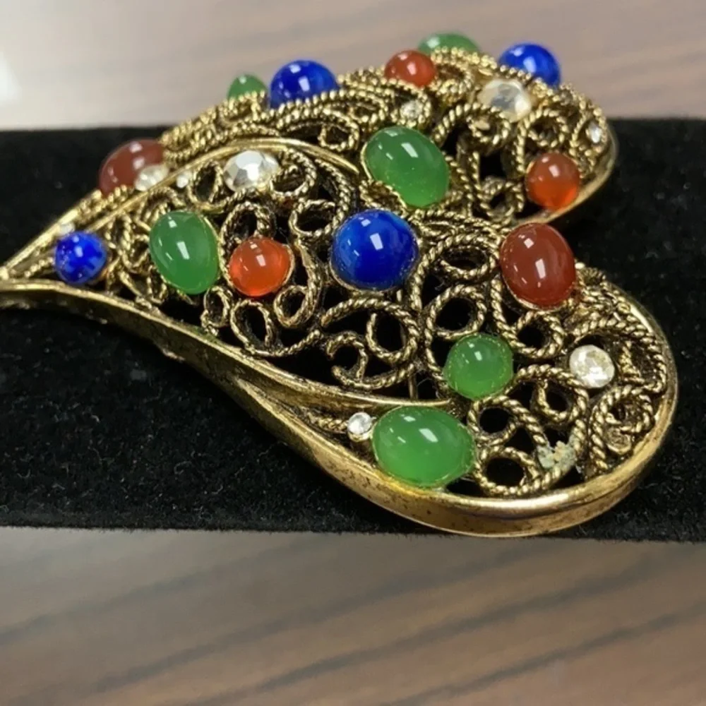 Heart statement pin in antique gold tone with colored faux stones & crystals
